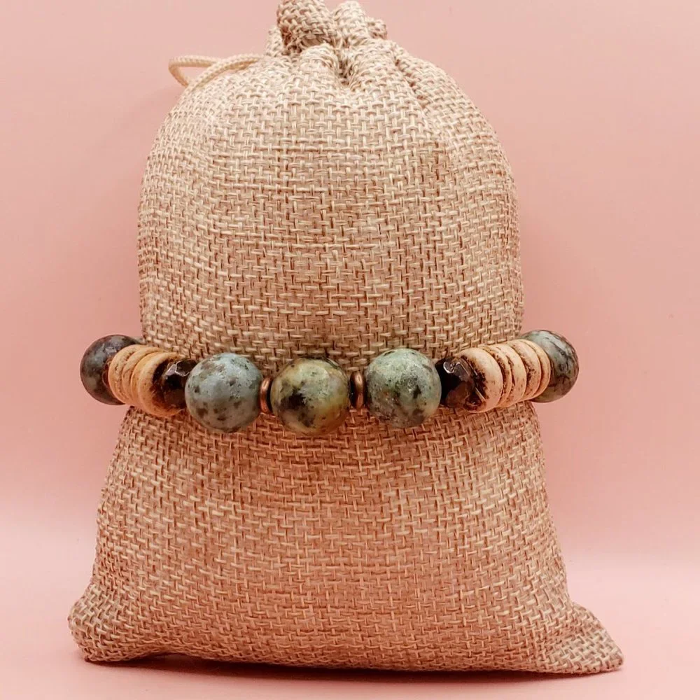 African Turquoise, Bronzite, Copper and Coconut Husk Beads Bracelet